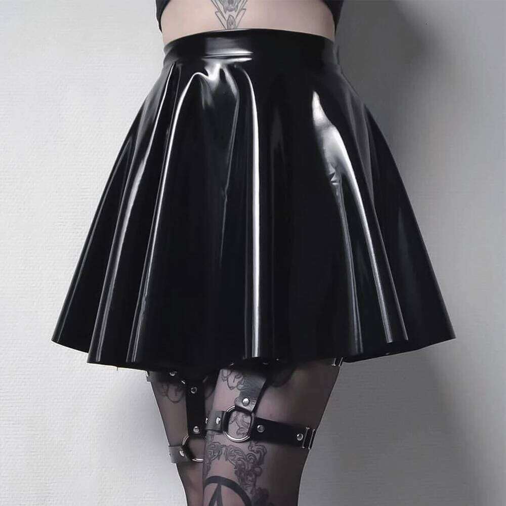 Women PVC Leather Skirt Flared A Line Skater Skirts Clubwear Dance Female Vintage Pleated Minis Glossy Short Dress XJ260309