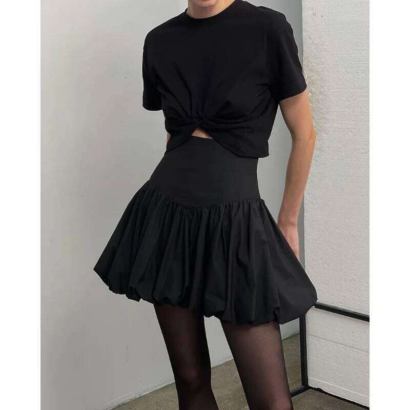 2025 100% Cotton Vintage Chic Women Pleated Bubble Mini Casual Solid Puff Balloon A-line Skirt Hotsweet Fashion Streetwear XJ260309