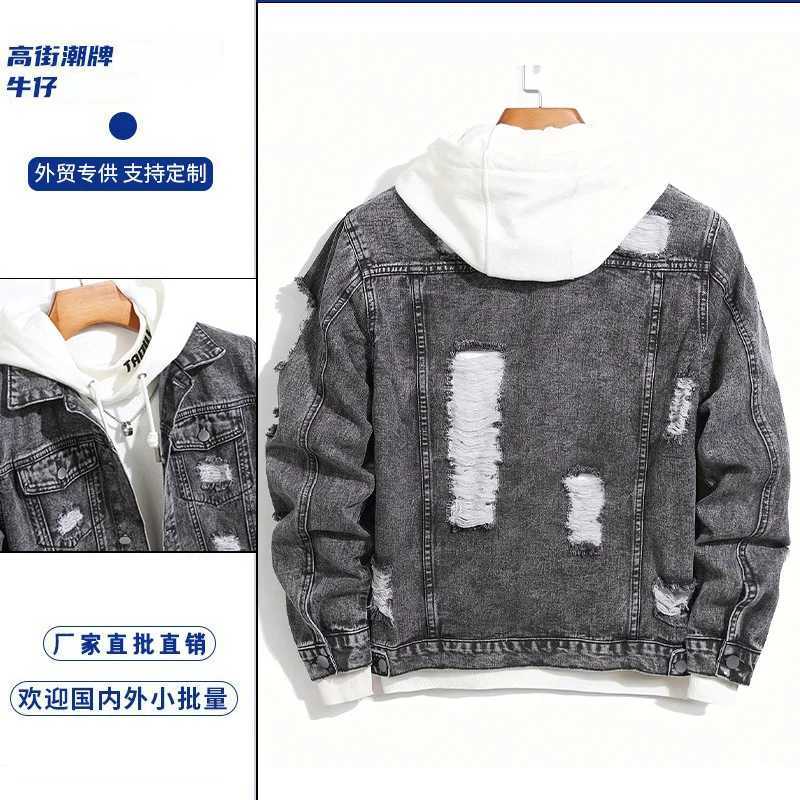 Mens Autumn Handsome Loose Casual Break Hole Jacket Mens Clothing Street Fashion Denim Jacket Lapels Spliced Tops Black Coats M260309