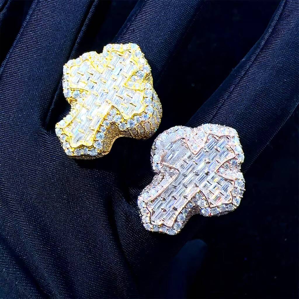 New Design 925 Silver Pass Diamond Tester VVS1 Baguette Moissanite Iced Out Hip Hop Cross Shape Man Ring