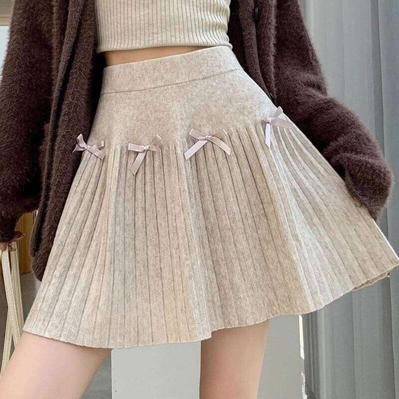Korean Chic Bow Knitted A-Line Women Preppy Style Cute Pleated Short Skirts Girls All-Match Slimming High Waisted Skirt XJ260309