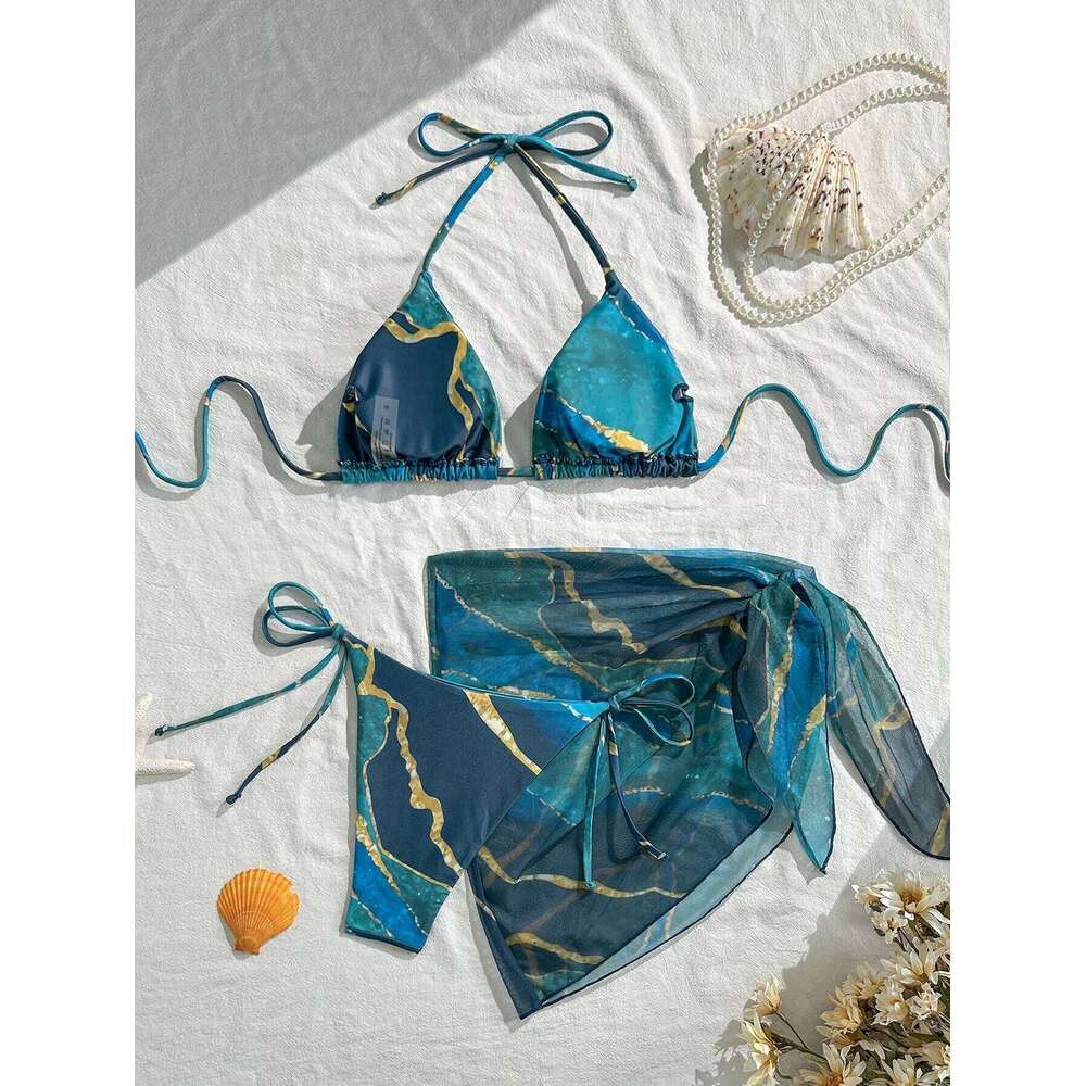 Women's Three-Piece Swimsuit Set, Blue Marble Print Sexy Bikini with Top, Tie-Up Triangle Bottoms, Mesh Wrap Skirt, Beach Swimwear XJ260206