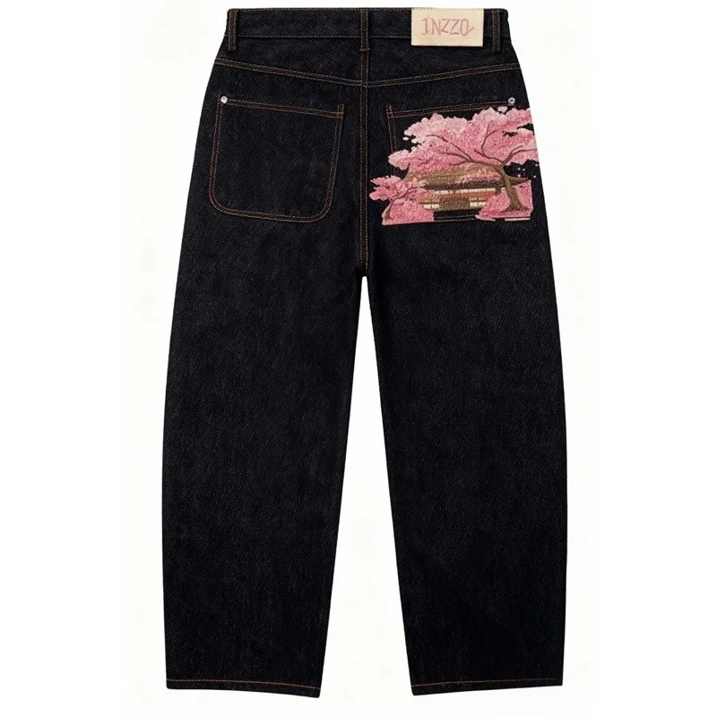 Derschutze Patchwork Cherry Blossom Embroidery Denim Pants Y2k Vintage Women Baggy Straight Wide Leg Jeans Street Men Clothes