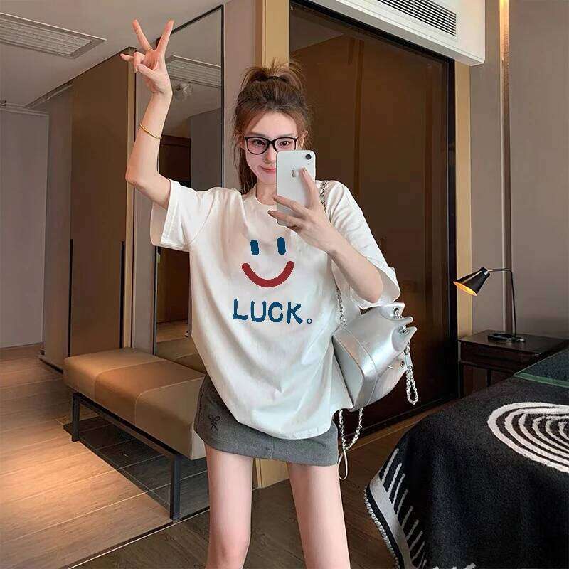 Cute smiley face Print Women Summer 2025 New 100%Cotton Korean Short Sleeve Loose T-shirt casual Y2k Top Female clothing XJ260306