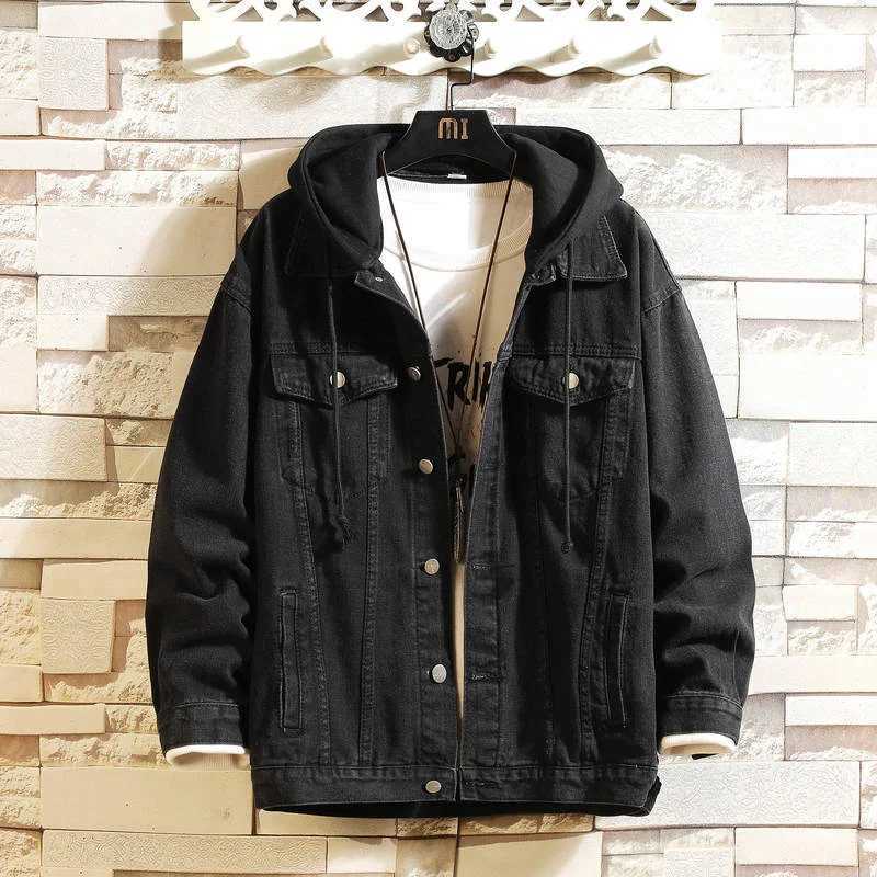 Denim Jacket Men Hooded Casual Men Jean Jackets Streetwear Solid Color Turn Down Collar Denim Coats Men Jacktes Hat Detachable M260309