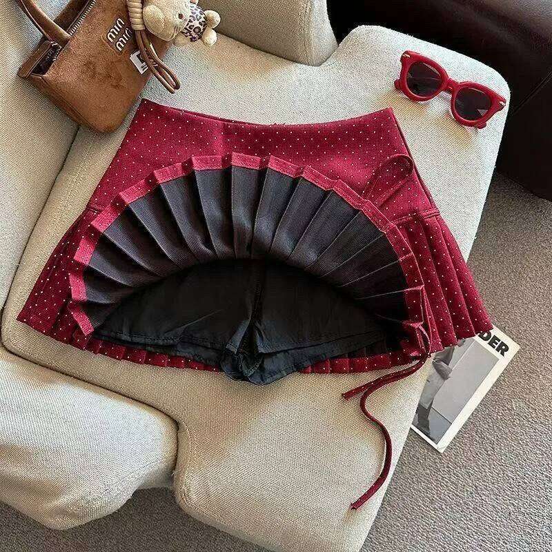Preppy Varsity Korean Japan Style Sweet Bloe Gyaru Women's short Polka Dot Solid color Bow Pleated Skirt Mini skirt Summer XJ260309