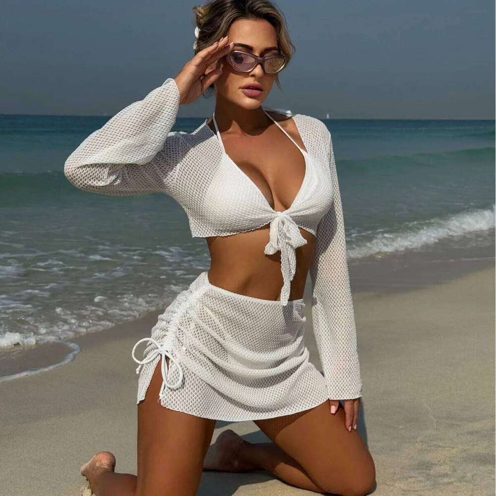 2025 solid color summer new beach vacation style four-piece split swimsuit XJ260206