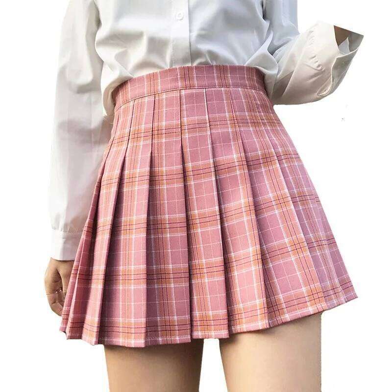 Pleated Female Student Korean Spring Summer Y2k New High Waist Slimming College Style A- Line Pink Plaid Skirt Women XJ260309