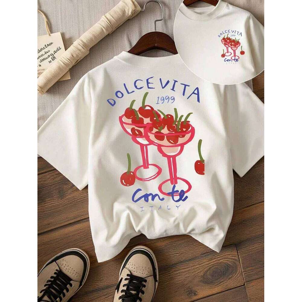 Women's Sweet Cherry Cocktail Fruit Party Print T-Shirt Casual Short Sleeve Round Neck Vibrant Top Summer Fashion XJ260306