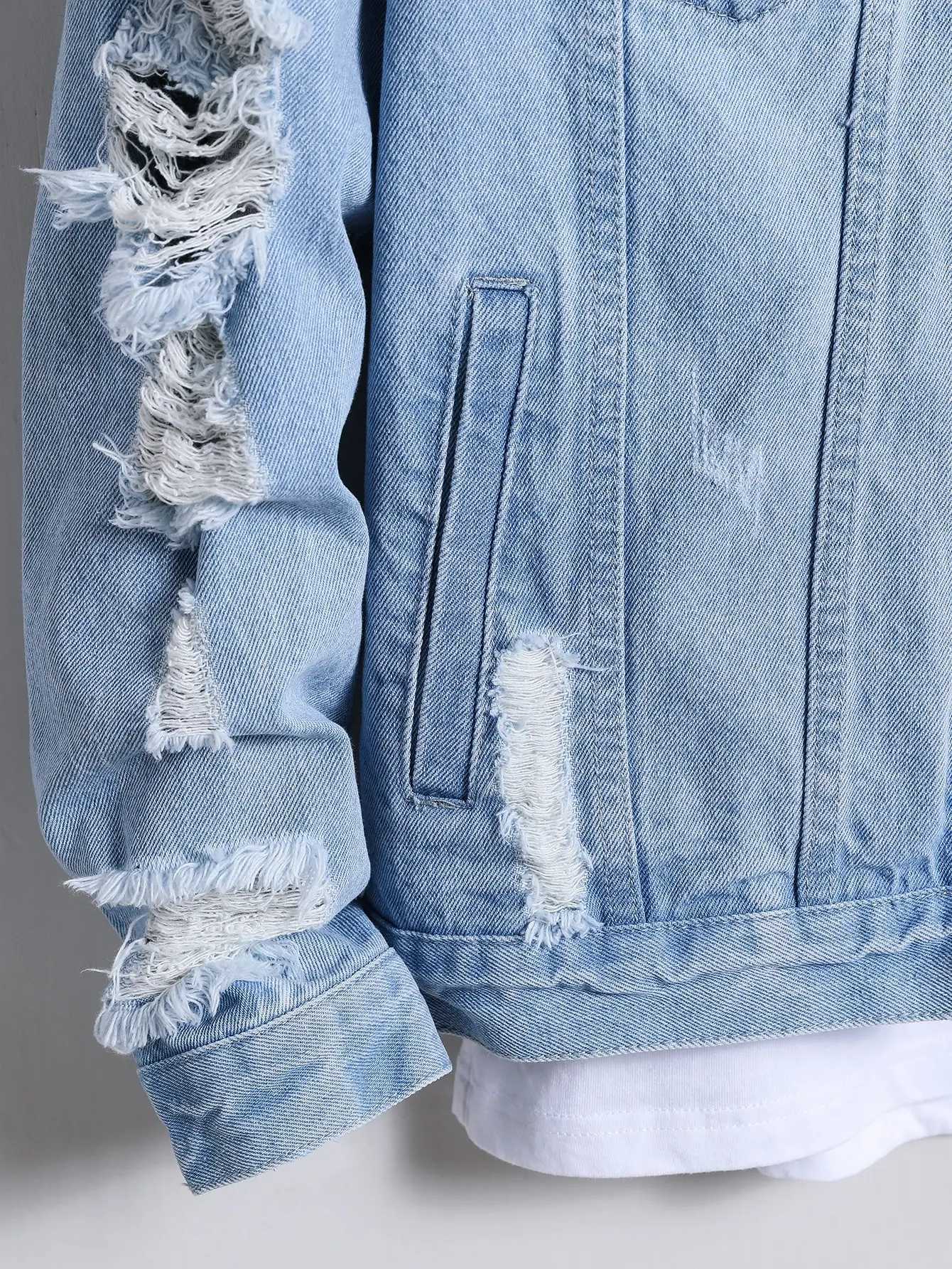 Mens denim jacket for spring and autumn Light blue ripped denim jacket Street trend style Daily casual M260309