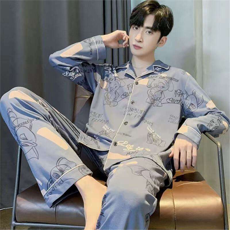 Men's Pajamas Spring Autumn, New Pure Cotton Cardigan With Sleeves And Long Pants, Korean Style Casual Home Set Suitable For Outdoor Wear