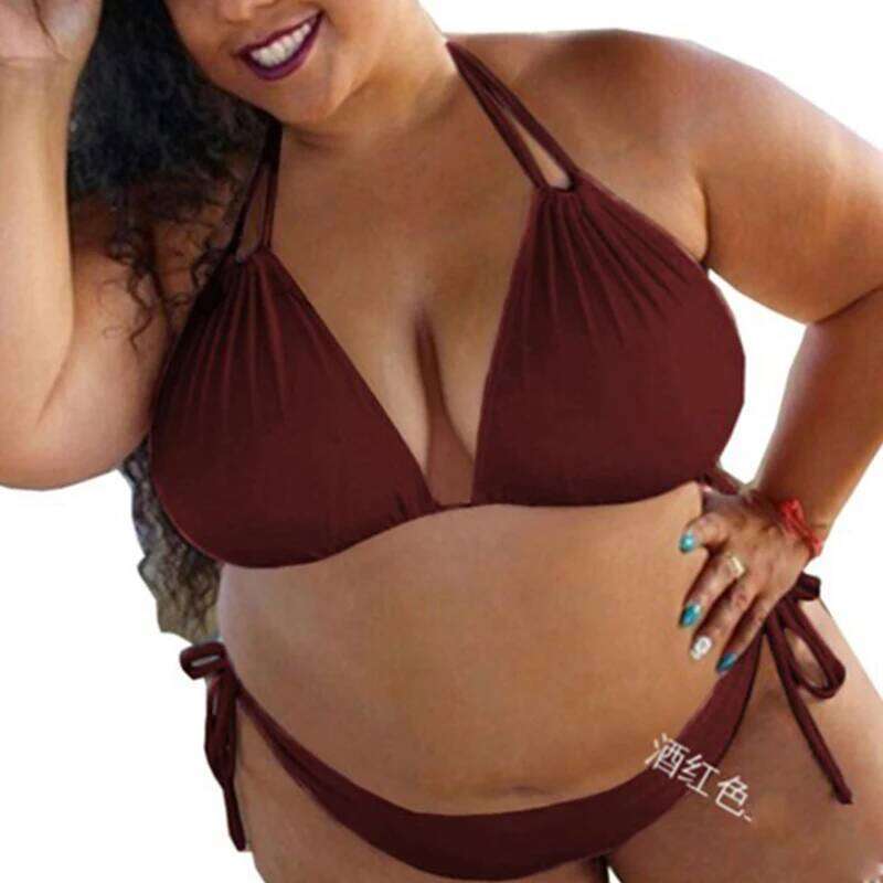 Sexy Plus Size Solid Color Straps Halter Bikini Split Swimsuit Ladies SwimwearBikini Set 2025 XJ260206