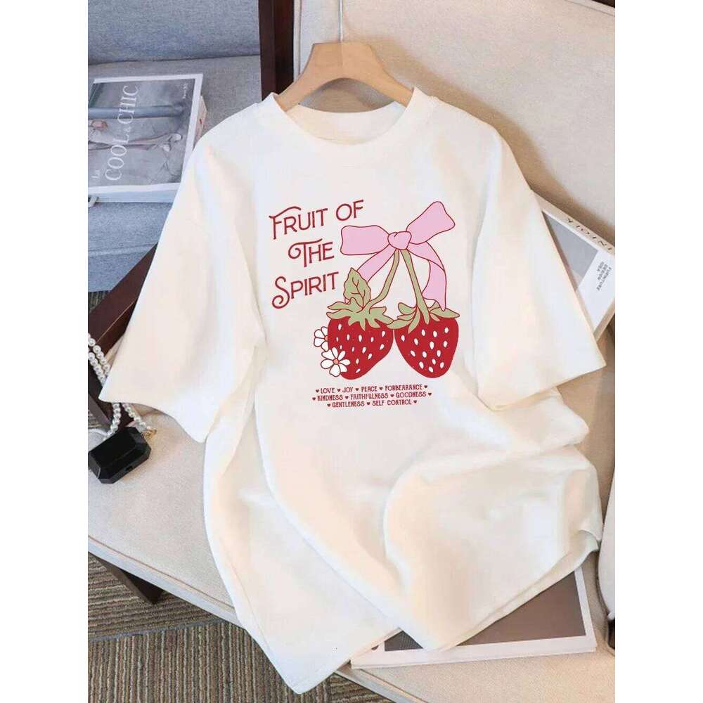 Summer T-Shirts Women Fruit of The Spirit Strawberry Print Tops O-Neck Soft Comfortable T Shirt Basic Woman Clothes Graphic Y2K XJ260306
