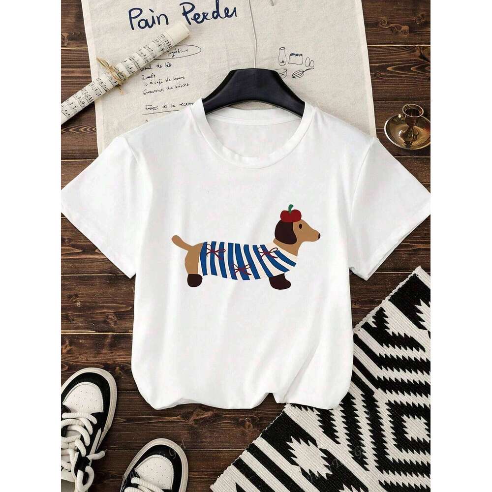 Fun Sausage Dog Printed Cotton T-shirt Summer Women's Leisure Home Travel Tee Round Neck Comfortable Breathable Y2k Top XJ260306