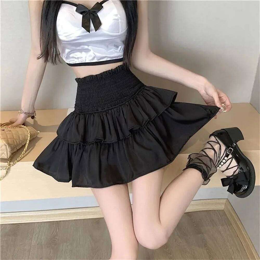 Spring Cake Pleated Skirts for Women White new Short Summer Korean Ruffled Elastic Waist Anti Glare A-line Mini Skirt XJ260309