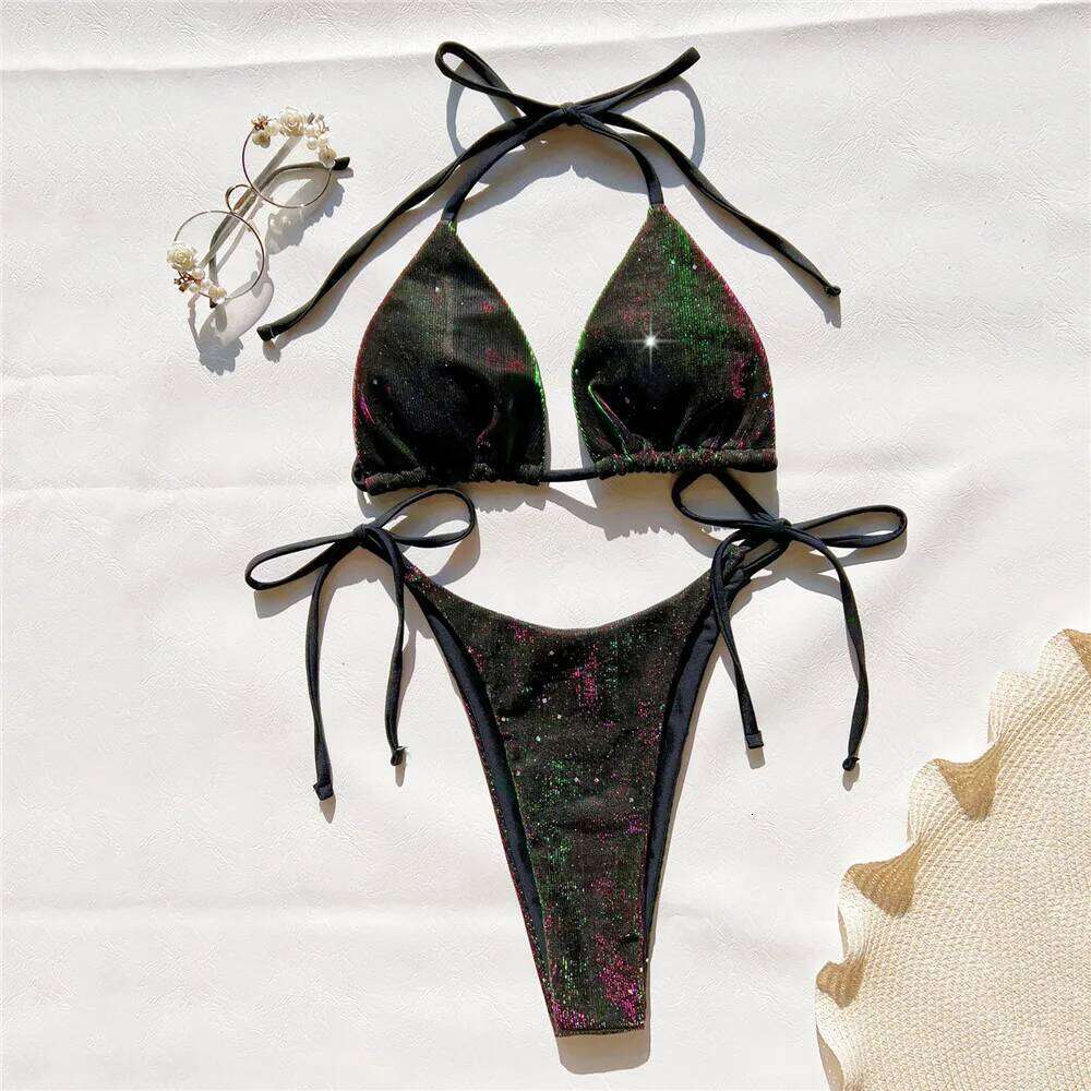 Shiny Purple String Halter Swimwear Triangle Bikinis Sets Swimsuit 2024 Micro Thong Lace-up Bathing Suit Sexy Bikini Mujer XJ260206