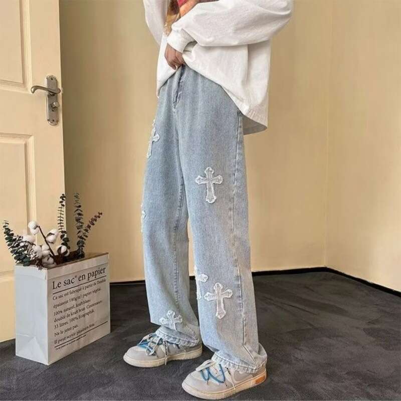 Washed Vintage Cross Jeans For Men Spring Autumn American Retro Trendy Straight Loose Cool Casual Pants