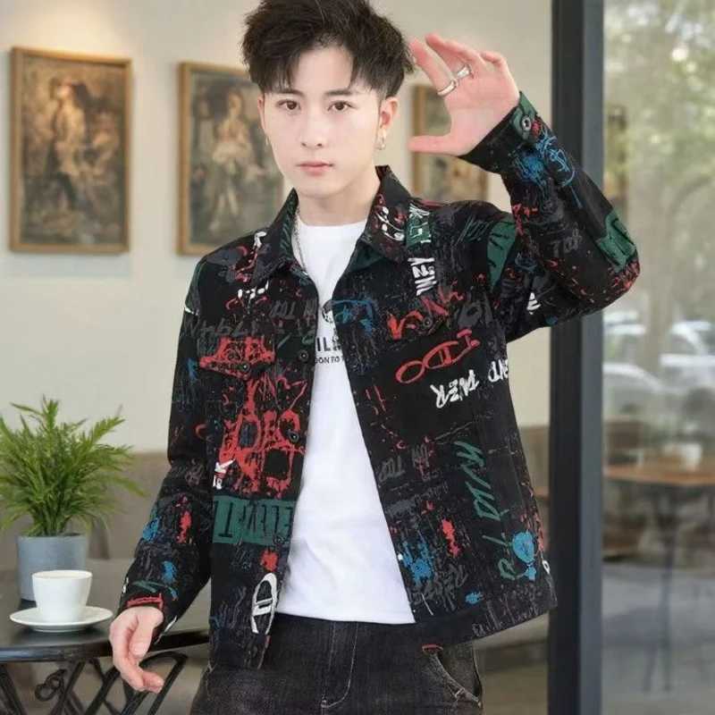 Vintage Loose Mens Print Denim Jacket Spring Autumn Casual Long Sleeve Outerwear Coat M260309