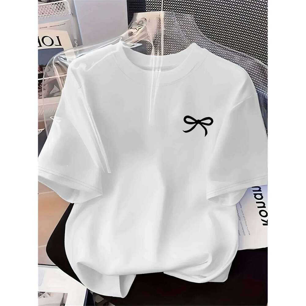 New Women's Black Bow Printed Simple Style Casual Fashion Short Sleeve T-shirt Soft Comfortable Summer Women Clothing XJ260306