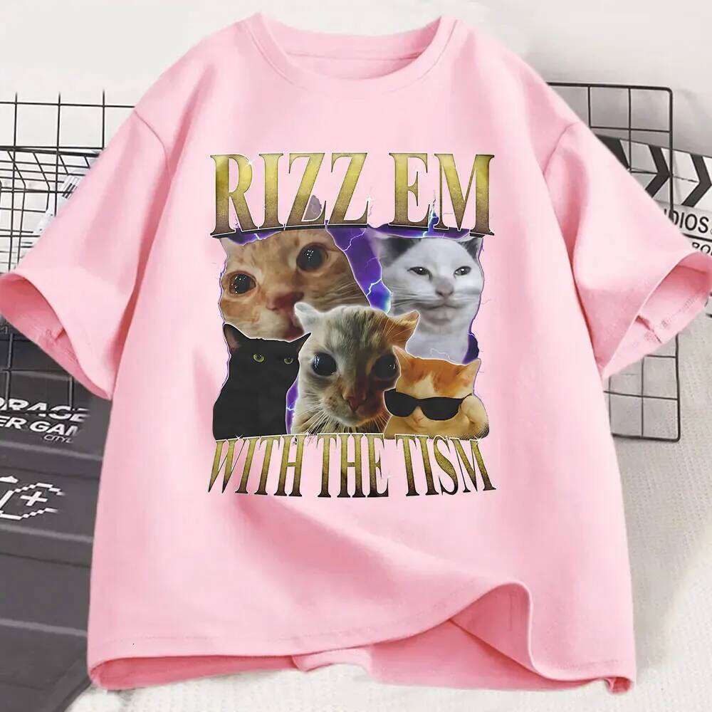 Rizz Em with The Tism T-Shirt Retro Funny Cat Summer T Shirt Tops Women Clothing Casual Short Sleeve T-Shirts graphic Y2K XJ260306