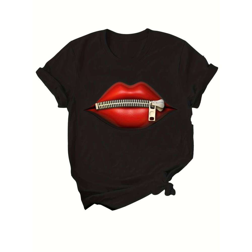 Zipper Lips Print Crew Neck Short Sleeve T-Shirt, Casual Every Day Tops, Women's Clothing XJ260306