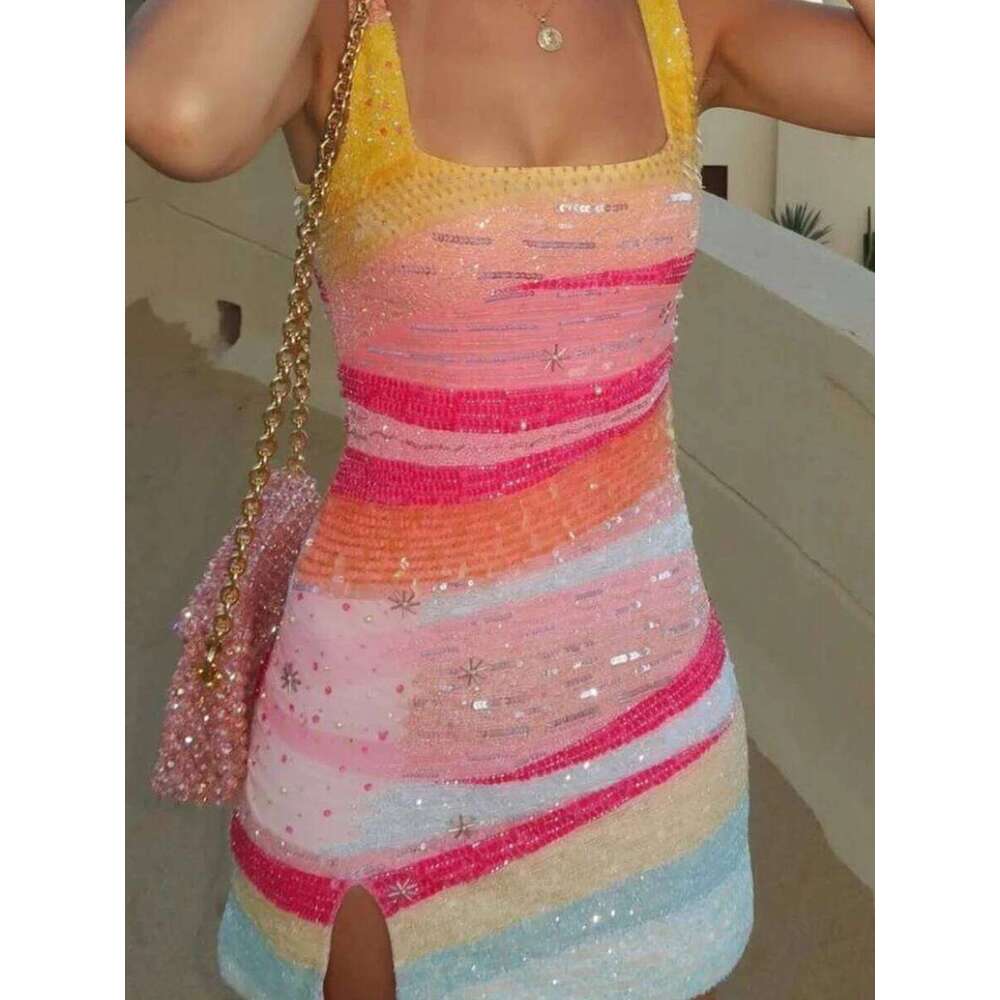 Muse Elegant Lady Fit Banquet Short Fashion Sequins Sleeveless Halter Evening Summer New Women High Waist Wrap Hips Dress