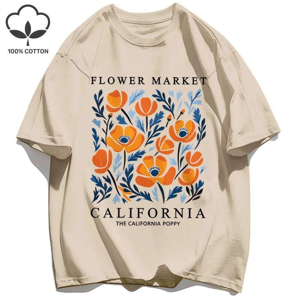 Women's Cotton Graphic Tee Short Sleeve O-Neck Casual T-Shirt Yellow Flowers Market California Print Crewneck Sports Female Top XJ260306