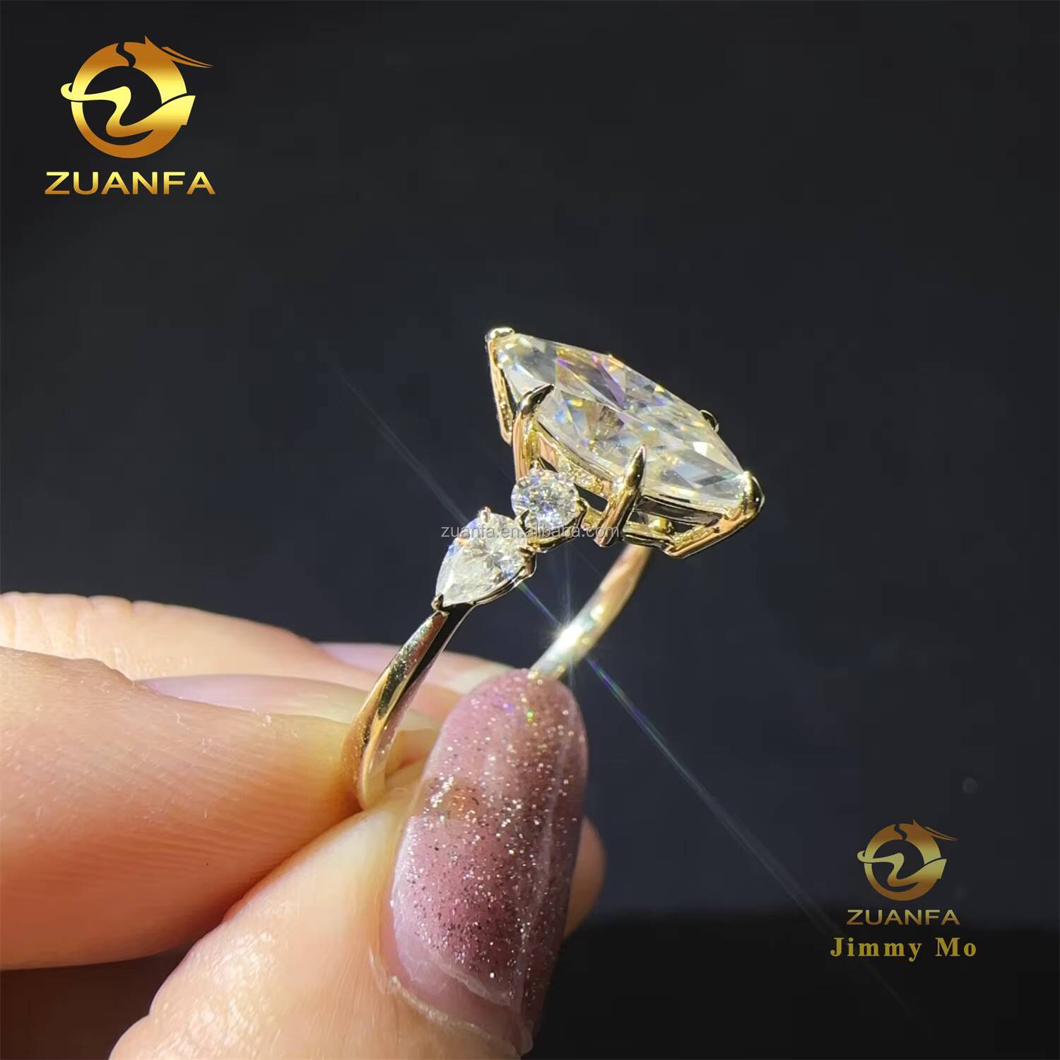 Custom Made Elegant Luxury GRA 9k Yellow Gold Bridal Gorgeous 3ct MarquisePear VVS1 Moissanite Diamond Engagement Band Ring