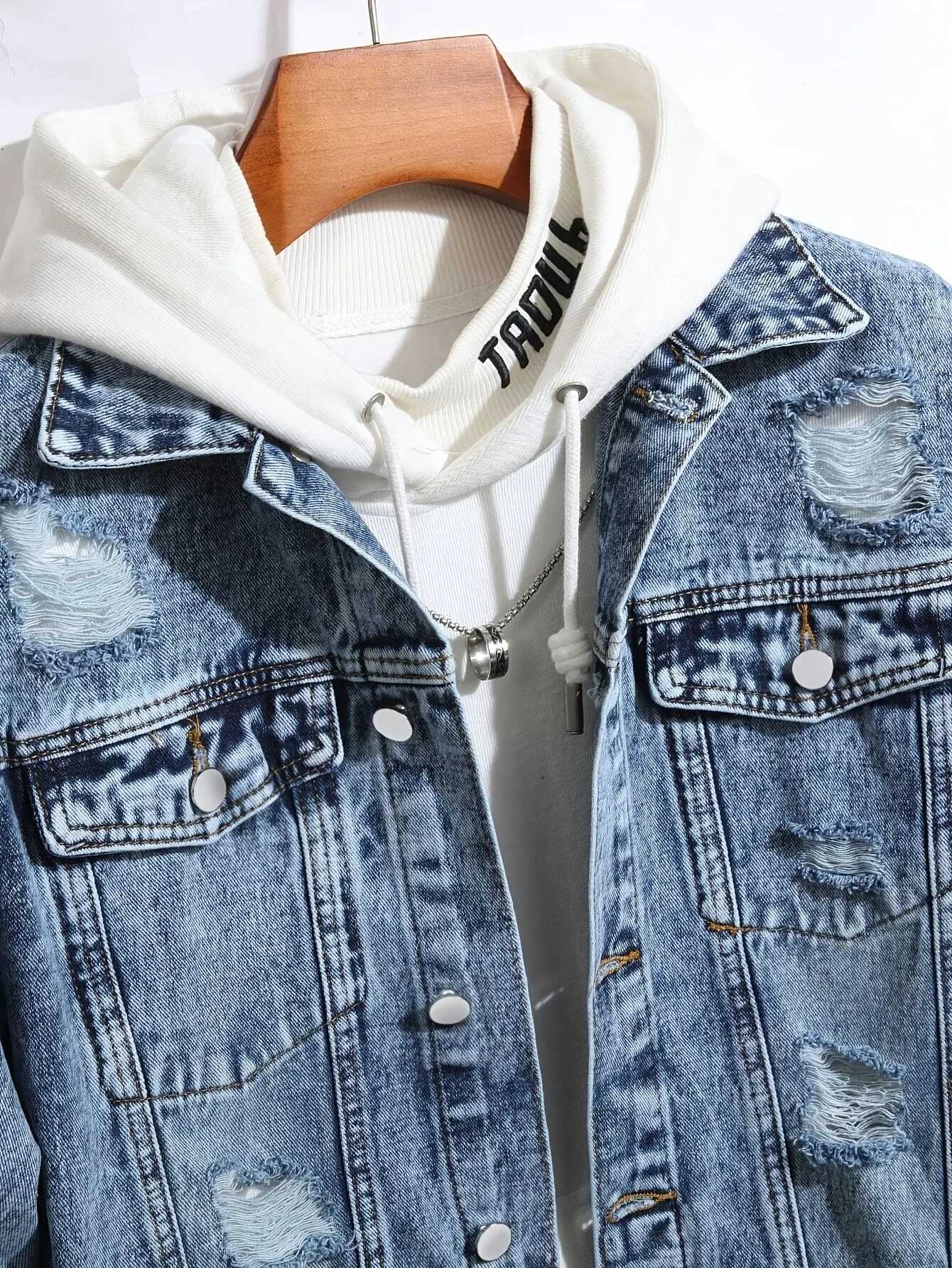 1PC Mens Four Seasons Explosion Destruction Washed Wash Print Light Jacket Everyday American Street Casual Denim Jacket M260309