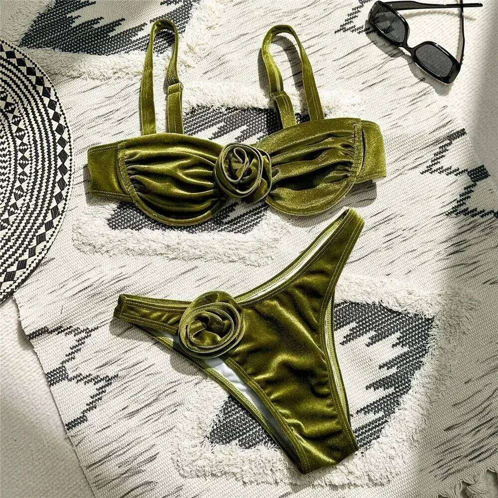 Sexy Green Velvet 3D Flower Swimwear Push Up Bikinis Sets Swimsuit 2026 Women Underwired Bathing Suit Thong Bikini Mujer Biquini XJ260206