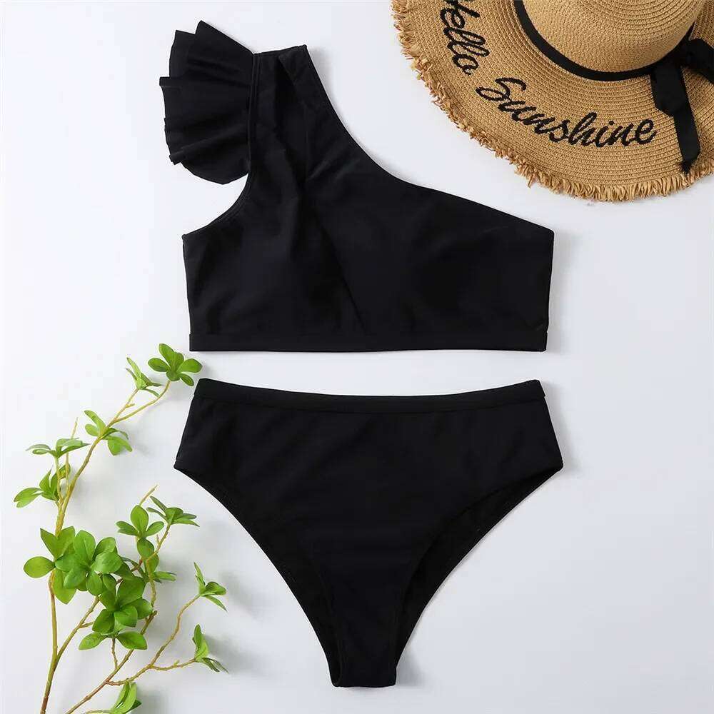 Sexy One Shoulder Ruffled Swimwear High Waist Bikinis Sets Women Swimsuit Bathing Suit Brazilian Red Bikini 2025 Mujer Beachwear XJ260206