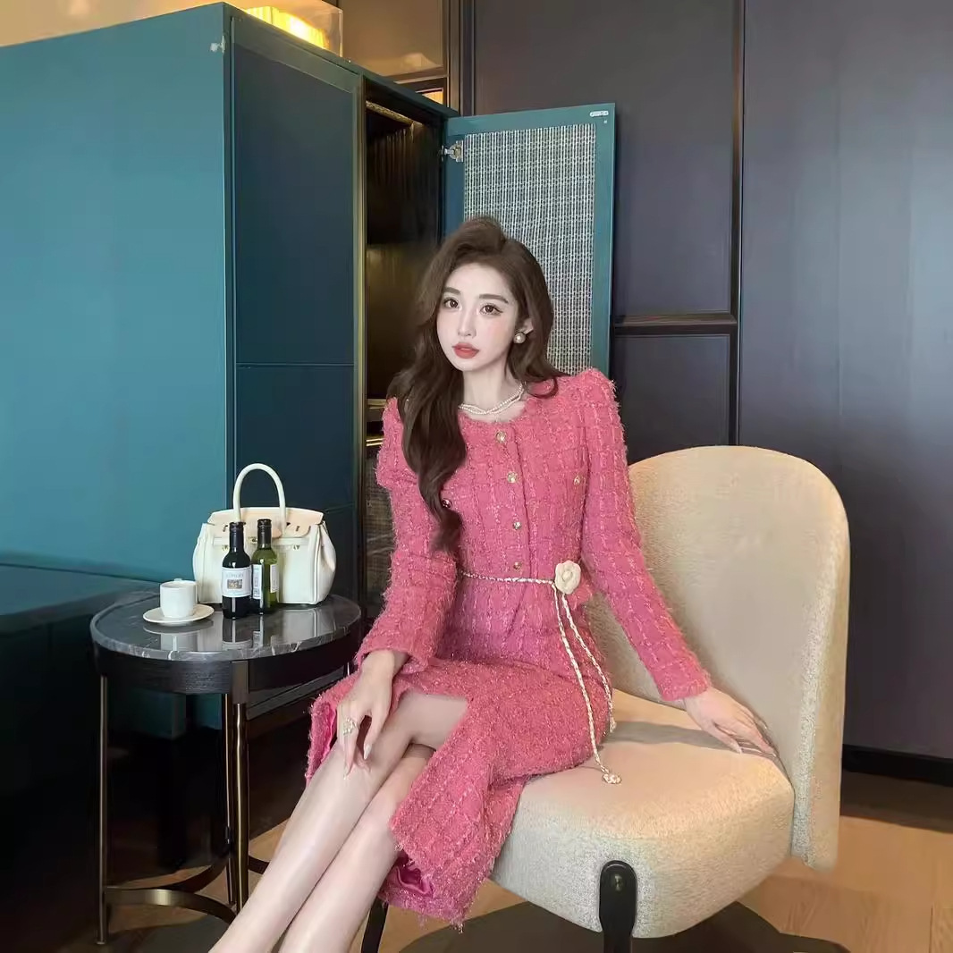 Autumn Spaghetti Strap Woolen Patchwork Mesh Tulles Midi Dress Short Tweed Jacket Coat For Women 2 Pieces Set Outfits 240708