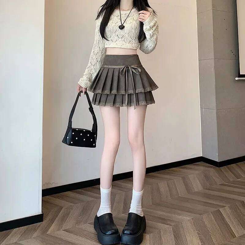 2025 Korean Ins Bowknot A Line Women Summer High Waist Lantern Mini Skirts Woman Solid Color Sweet Style Skirt Girls XJ260309