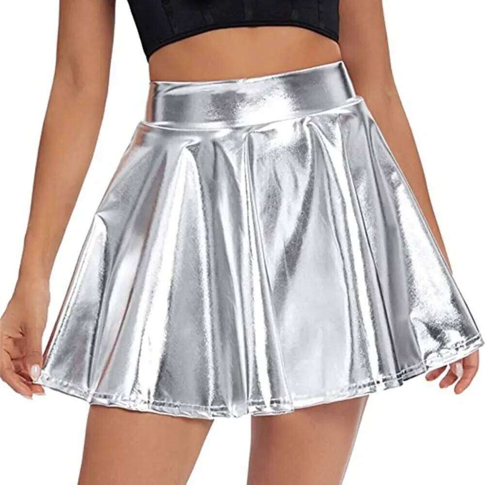 Elegant Metallic Pleated Retro Gold Silver A-line Skirt Solid Color Elastic Shiny Short Dress Festival Outfit XJ260309