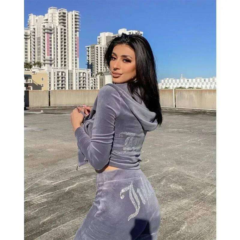 New Winter Juicy Coutoure Women Velvet Diamond Long Sleeve Pants Hoodie Suits Piece Set Zipper Tracksuit Cro