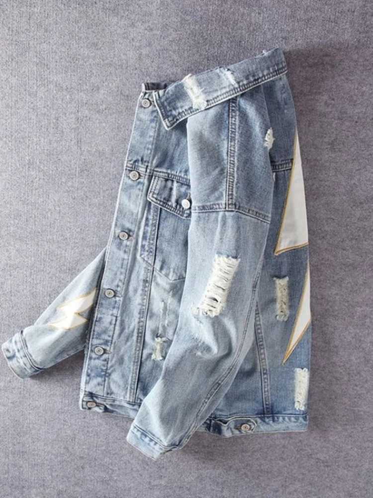 Men Lightning Patchwork Denim Jacket Embroidered Frayed Distressed Biker Moto Coat Trendy Spring Streetwear Outer Clothing M260309