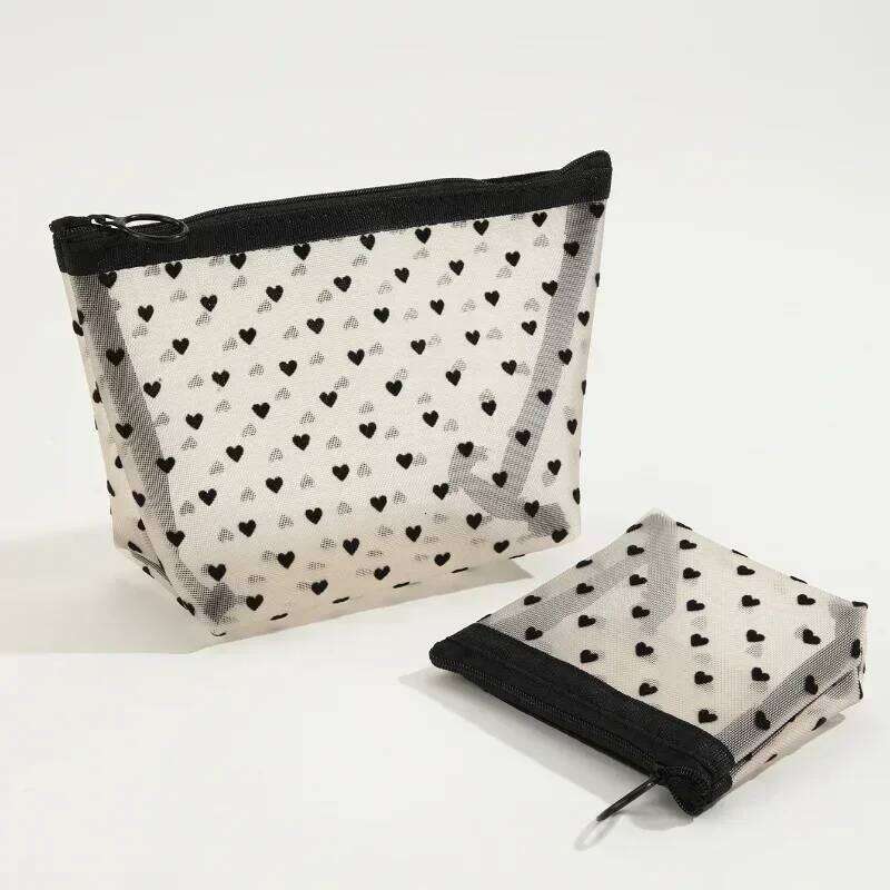 Nylon Mesh Cosmetic Bag Zipper Heart Shaped Toiletry Organizer Makeup Bags Multifunctional Women Lipstick Key Coin Purse Pouch 26W0309