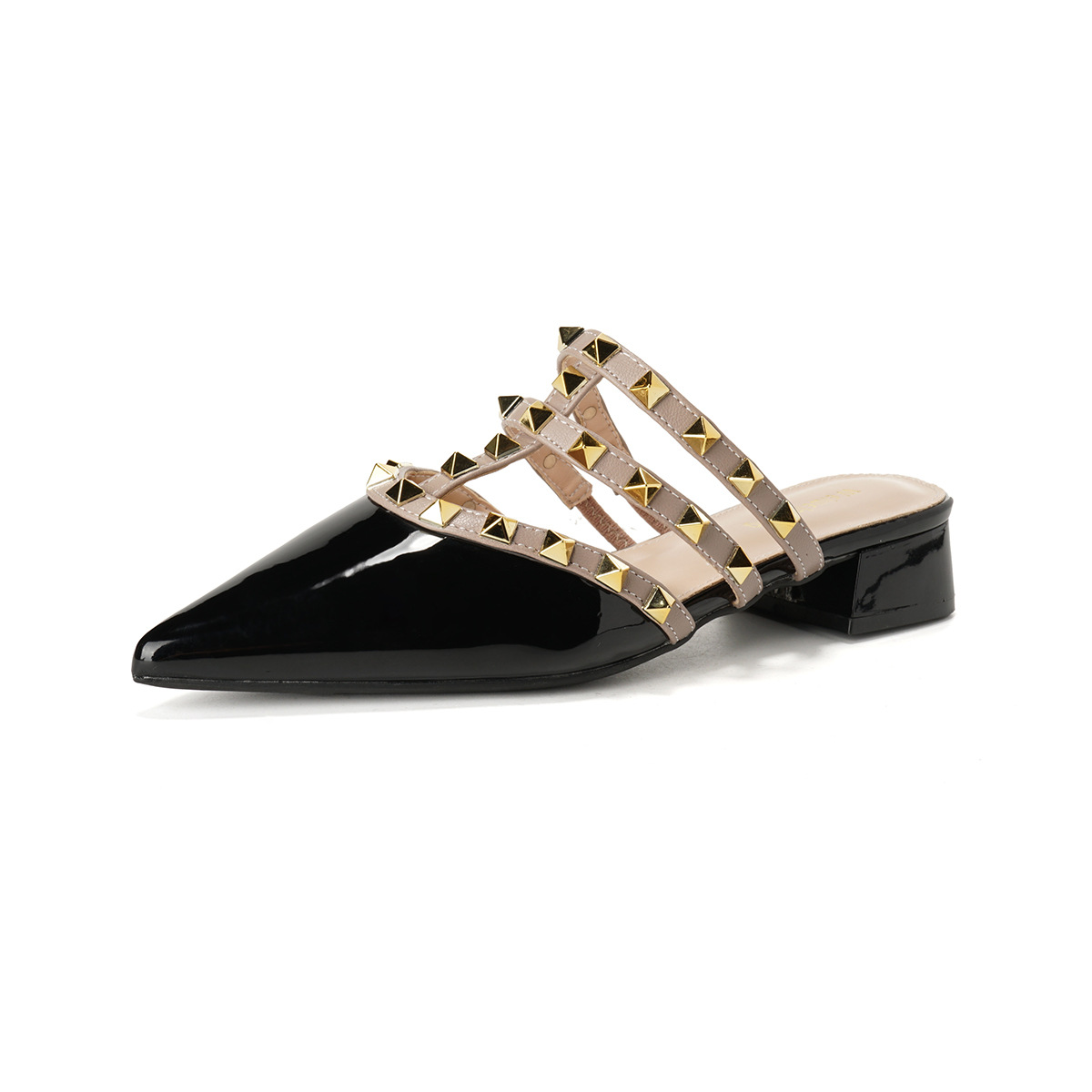 Free shipping designer slippers for womens flat sandals black beige Fashionable and versatile Rivet thick heel toe half slipper plus size 34-42