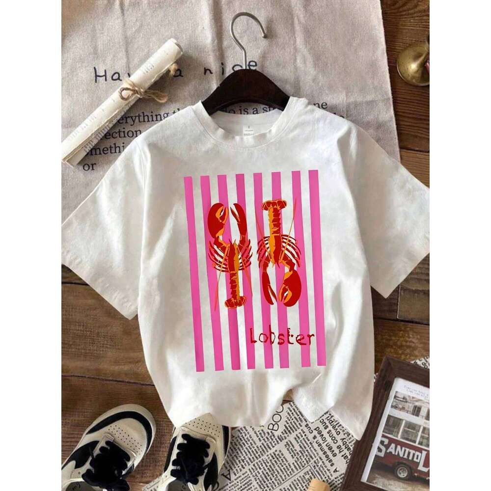 American Summer Marine Lobster Ins Printed Women Casual Short Fashionable Y2k Personality Round Neck Comfortable T-shirt XJ260306