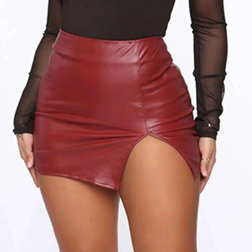 Women Solid Color Hidden Zipper Mini Faux Leather High Waist Split Skinny Skirt Female Streetwear Women's Clothing XJ260309