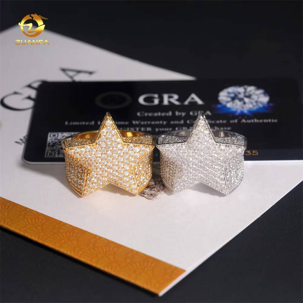 Hot Sale Instock Iced Out Star Shape Moissanite Diamond Men Rings 925 silver Hip Hop Ring Pass Tester Men Cuban Ring
