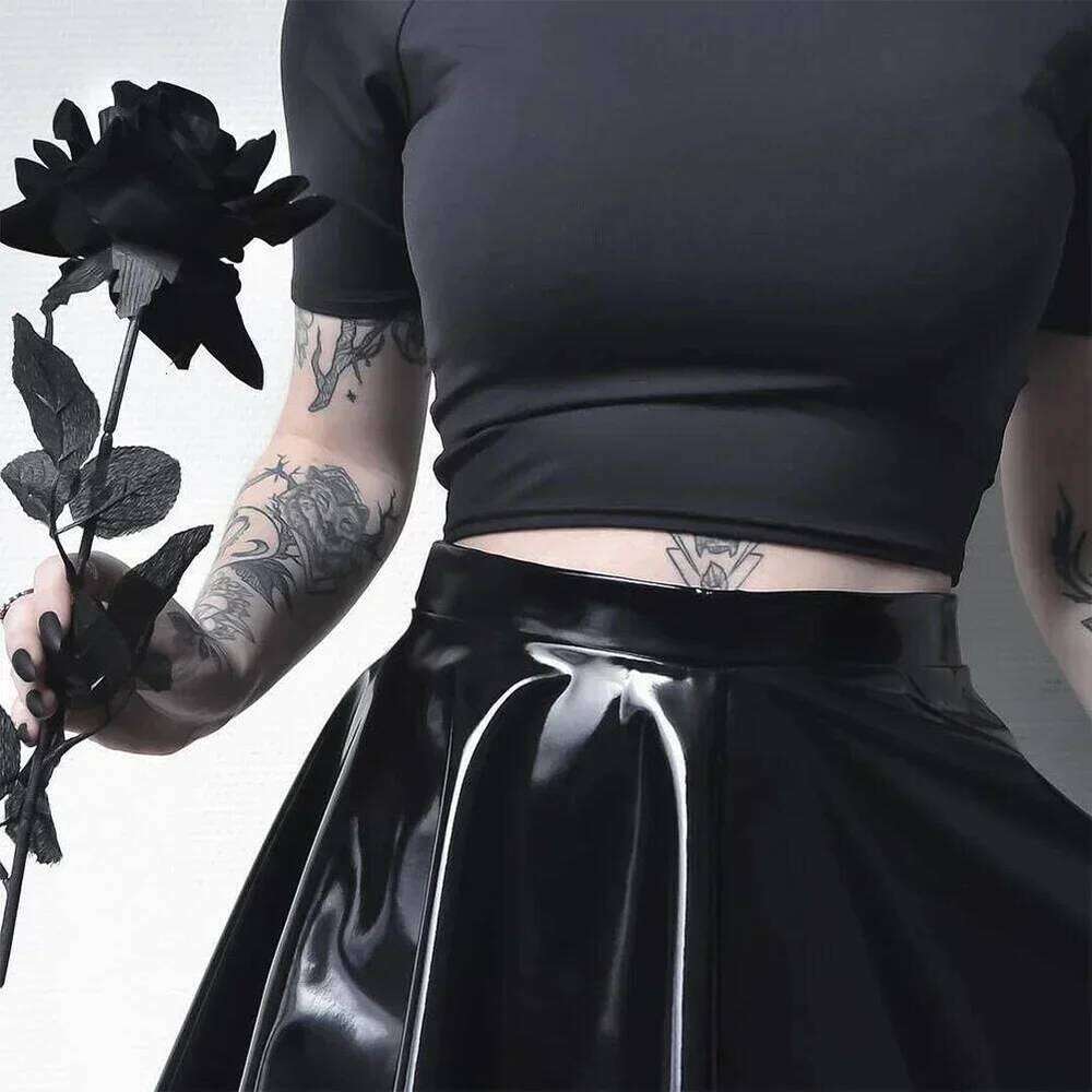 Womens Shiny PVC Patent Sexy Wet Look Leather Pleated Front Bodycon Elastic Latex Mini Short Skirt XJ260309