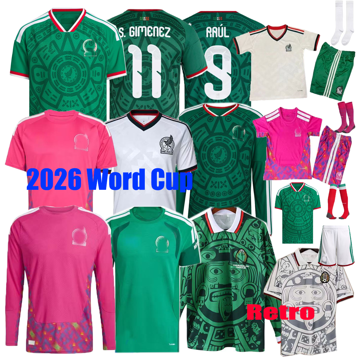 26 27Green Mexico Soccer jersey 2026 World Cup QUALIFIERS RAUL CHICHARITO Mexico Retro LOZANO DOS SANTOS Men Kids Football kit Shirts Uniforms goalkeeper training