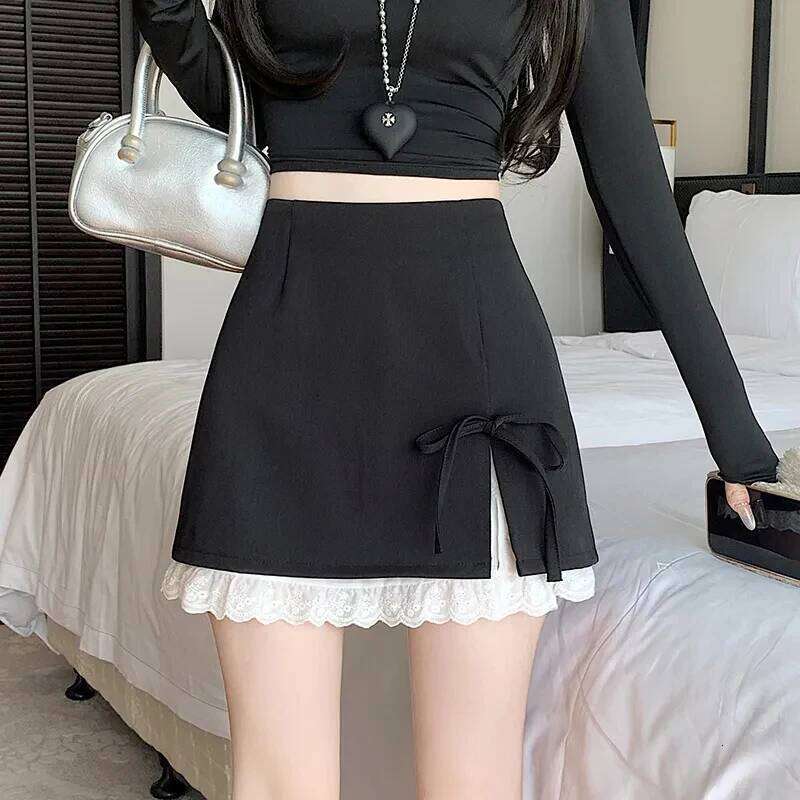 Sweet Bow Up Women Mini Korean Elegant Spliced Lace Design A-line Stylish High Waist Slimming Female Slit Skirt XJ260309