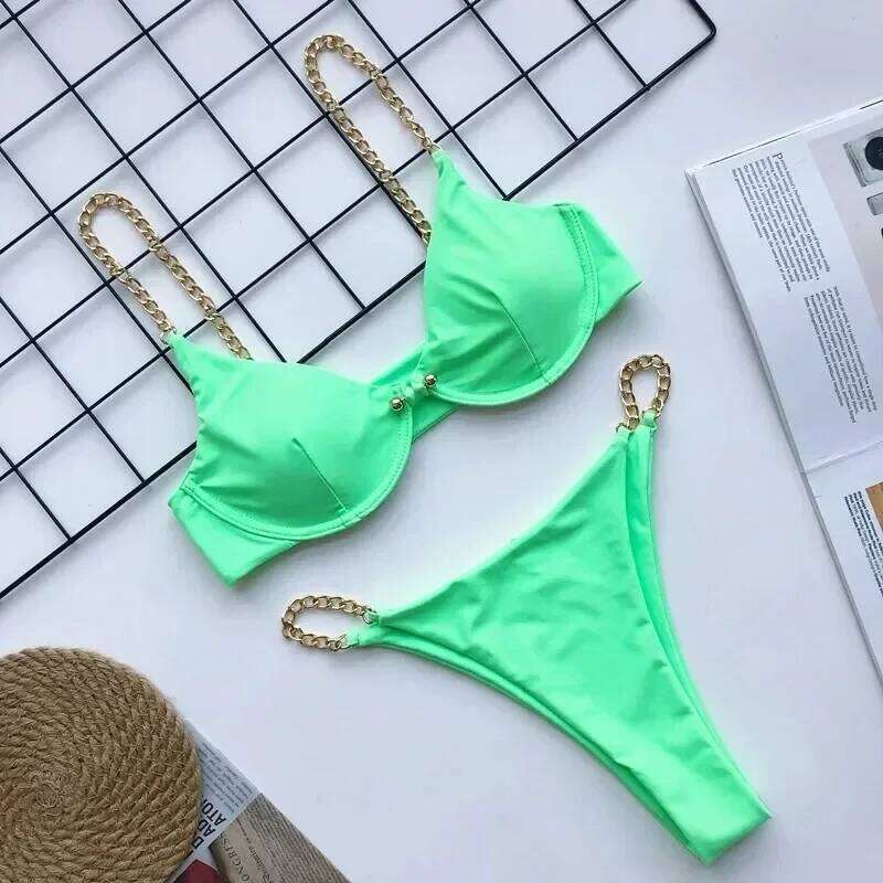 Sexy Chain Push Up Bikinis Set 2023 Mujer Micro Thong Swimsuit Swimwear Women Buckle Bathing Suit Biquinis Feminino Beachwear XJ260206