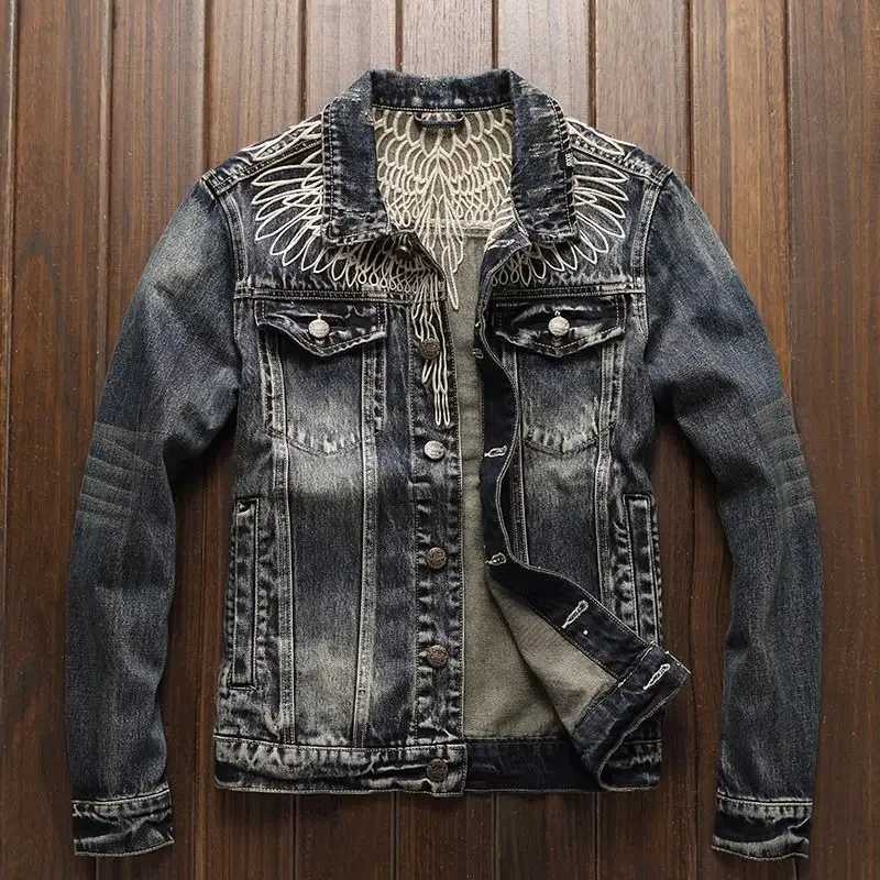 Vintage Wings Embroidered Denim Jacket Men Cowboy Retro Spring Autumn Handsome Long Sleeve Jeans Coat Rockin Clothes M260309