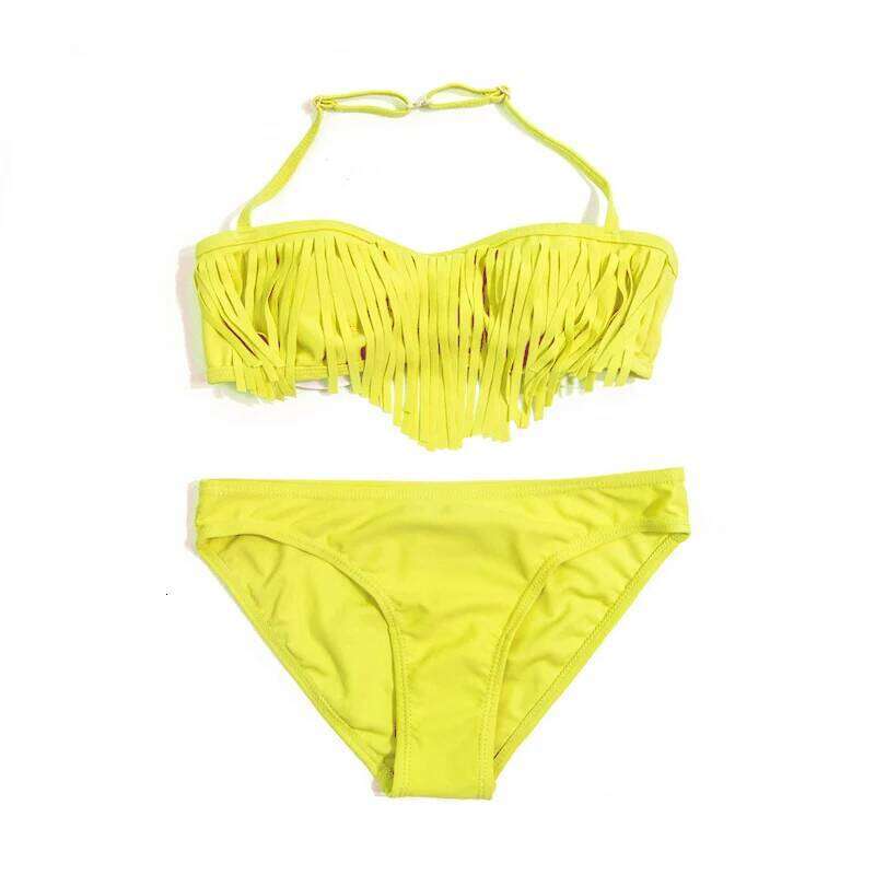 Tassle Solid Halter Girls Bikini Set Summer Beach Cute Teen Kids Swimwear Swimsuit Children Swimming Suit XJ260206