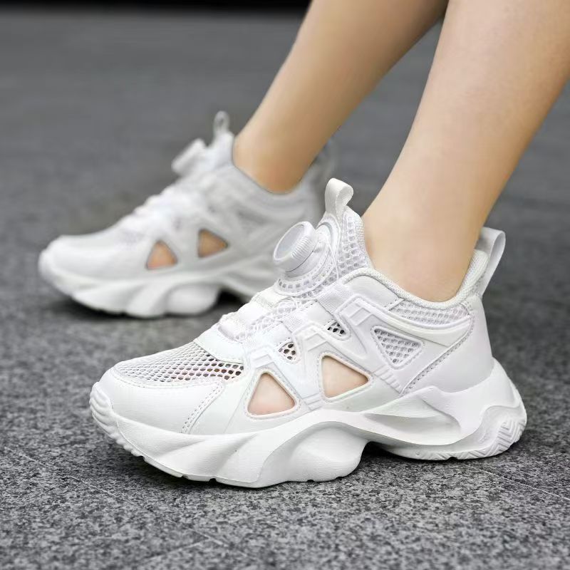 Free shipping Kids Breathable Mesh Sneakers Boys Rotating Buckle No Tie Laces Black white Non-slip Casual Chunky Shoes Spring and summer