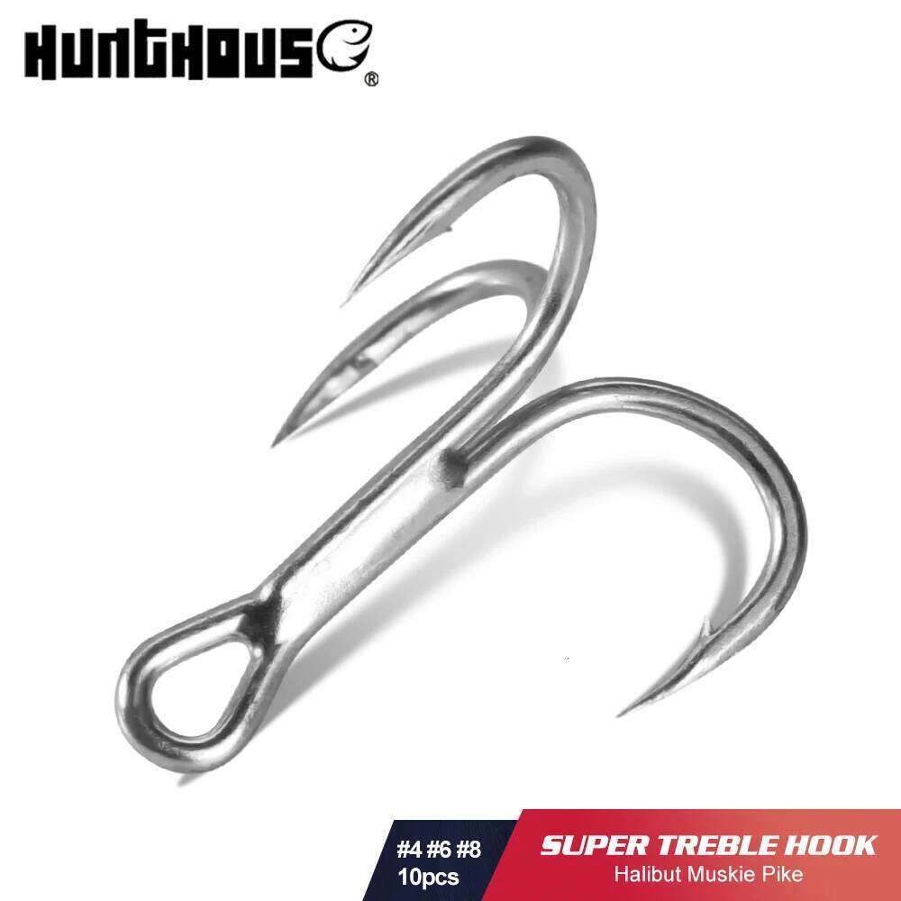 Hunthouse fishing treble hook 3X Strong 10pcs/lot High Steel Carbon Saltwater 4# 6# 8# for hard lure Tackle Tool Accessories S260305