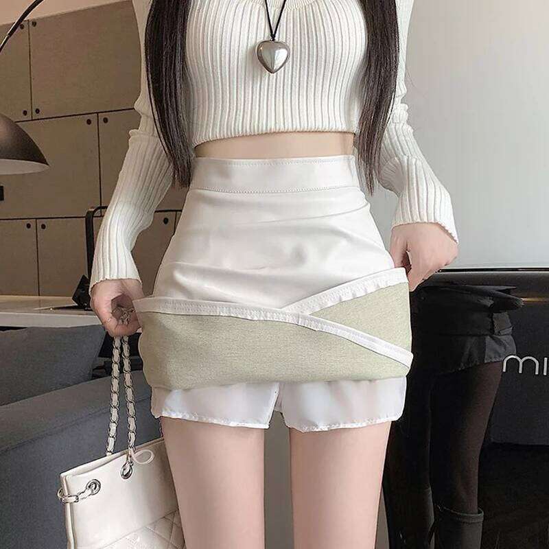 Office Lady Casual Women Autumn Winter Pu Leather Skirt Korean New Fashion Solid Coffee Irregular High Waist Slim Skirts 2024 XJ260309